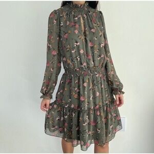 DREW Green Floral Mock Neck Keyhole Tiered Ruffle‎ Dress Small